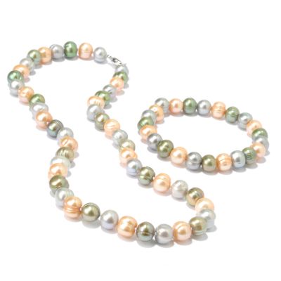 Sterling Silver MultiColor Cultured Pearl 18" Necklace & 7.75" Bracelet Set