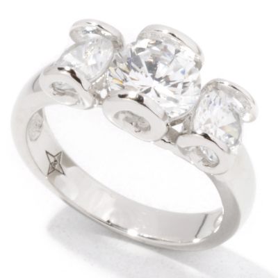 Sterling Silver / Platinum Round Cut Brilliante Three-Stone Bar Set Ring
