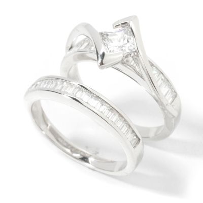 Sterling Silver / Rhodium Princess Cut Brilliante Bi-Level Ring Set