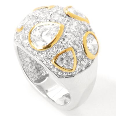 Sterling Silver / Platinum & 18K Vermeil Pear Cut Brilliante Pave Dome Ring