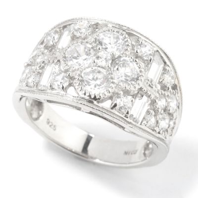 Sterling Silver / Platinum Brilliante Round Design Wide Band Ring