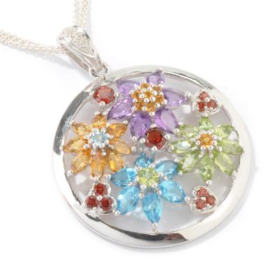 Sterling Silver Multi-Gem Circular Floral Pendant w/ Multi-Strand Chain