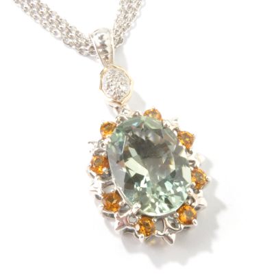 Sterling Silver / 14K Green Amethyst & Citrine Pendant w/ Triple Chain
