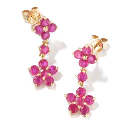 14K Gold Ruby Flower Drop Earrings