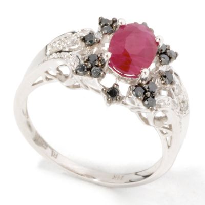 14K White Gold Ruby & Black / White Diamond Ring