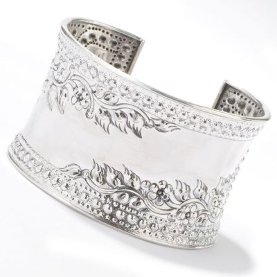 J316145 - Sterling Silver 6" Flower Cuff Bracelet