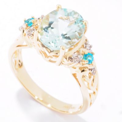 14K Gold Blue Green Amblygonite, Paraiba Apatite & Diamond Ring