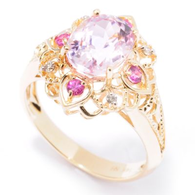 14K Gold Kunzite, Dark Pink Sapphire & Diamond Filigree Ring