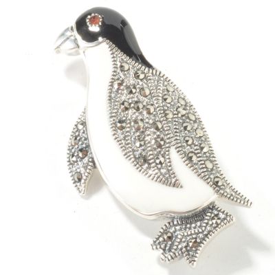 J316573 - Sterling Silver Black / White Enamel Marcasite & Garnet Penguin Pin