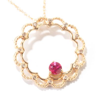 J316582 - 14K Gold Rubellite & Diamond Scallop Edge Circle Pendant w/ 18" Chain