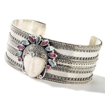 J316644 - Sterling Silver 6" Multi-Gem Goddess Wide Cuff Bracelet