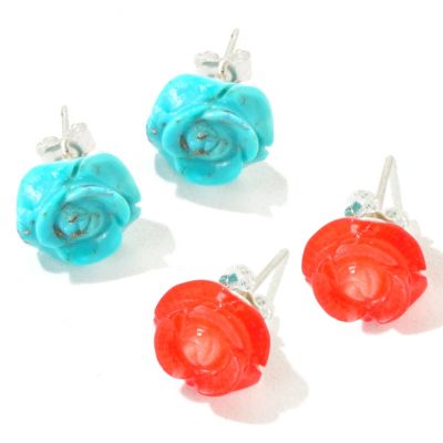 J316981 - Sterling Silver Turquoise & Coral Rose Stud Earrings - Set of Two