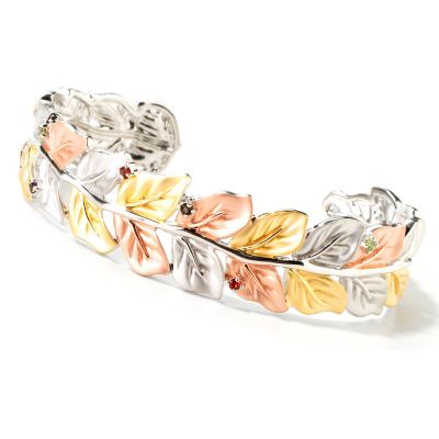 J317061 - 925 Fusion&trade; 7" Multi-Gem Satin-Finished Leaf Cuff Bracelet