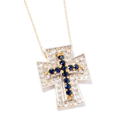 J317667 - 14K Gold Blue & White Sapphire Cross Pendant w/ 18" Chain