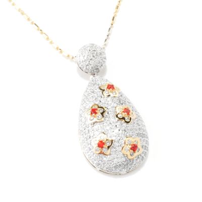 J317674 - 14K Gold Orange Sapphire & Diamond Flower on Teardrop Pendant w/ Chain 