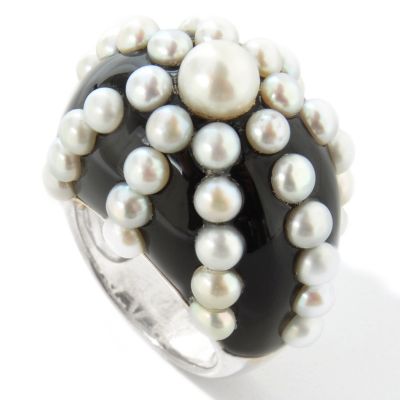 J317811 - Sterling Silver Onyx & Cultured Freshwater Pearl High Dome Ring 