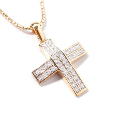 J317830 - 14K Gold Diamond Two-Row Cross Pendant w/ Chain