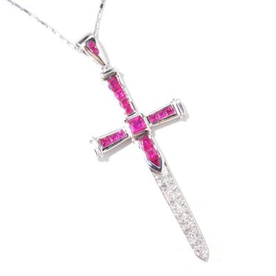 J317868 - 14K White Gold Ruby & Diamond Gothic Cross Pendant w/ Chain