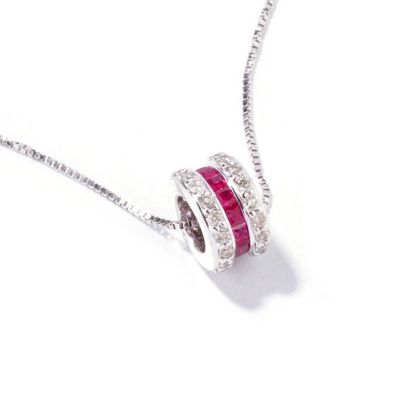 J317973 - 14K White Gold Ruby & Diamond Bead Pendant w/ Chain 