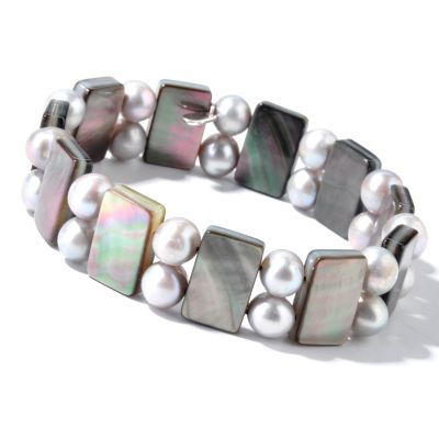 J318091 - 8" Dyed Silver Cultured Freshwater Pearl & Mother-of-Pearl Stretch Bracelet