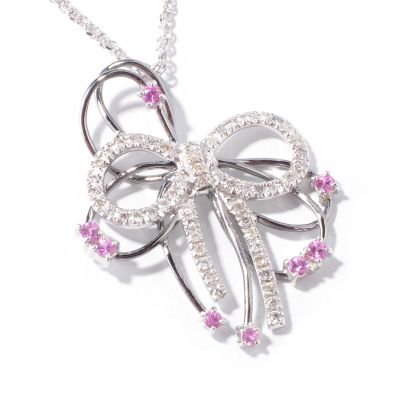 J318109 - Sterling Silver Pink Sapphire & Diamond Bow Pendant w/ Chain 