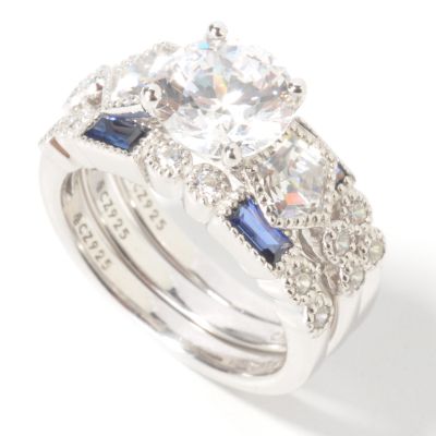 Sterling Silver / Platinum Brilliante & Blue Simulated Sapphire Ring Set