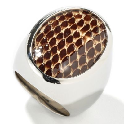 Stainless Steel Oval Black or Brown Leather-Pattern Ring