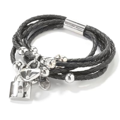 J320043 - Stainless Steel Five Strand Braided Black Leather Charm Bracelet