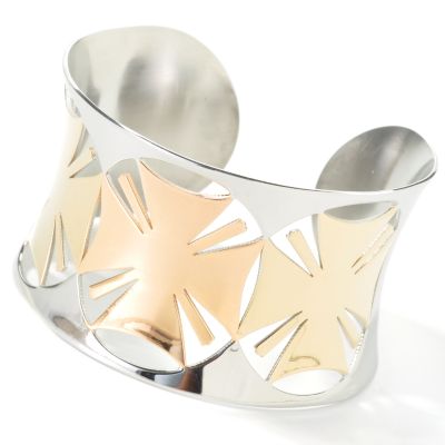 Stainless Steel / Tri-Color 7" Abstract Cross Cuff Bracelet