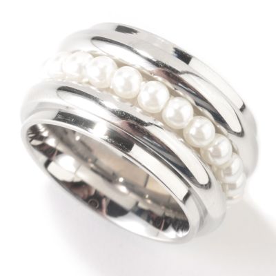J320070 - Stainless Steel Simulated White Pearl Cigar Band Ring