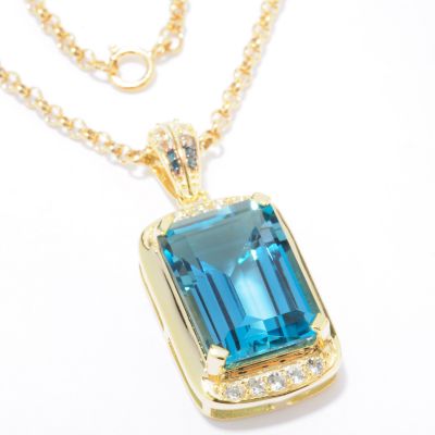 J320104 - Sterling Silver / Platinum or 18K Vermeil London Blue Topaz Pendant w/ Chain