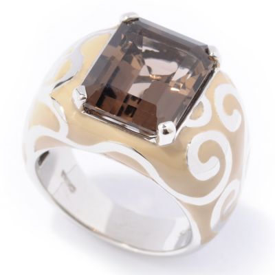 J320107 - Sterling Silver / Platinum Smoky Quartz Enamel Detail Ring