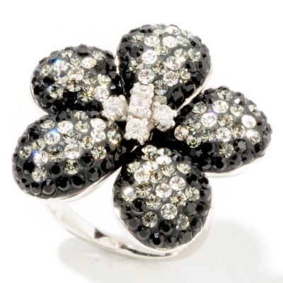 J320126 - Sterling Silver Black & White Austrian Crystal Flower "Midnight Bloom" Ring