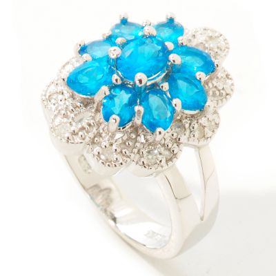 J320175 - Sterling Silver / Platinum Blue Apatite & Diamond Flower Ring