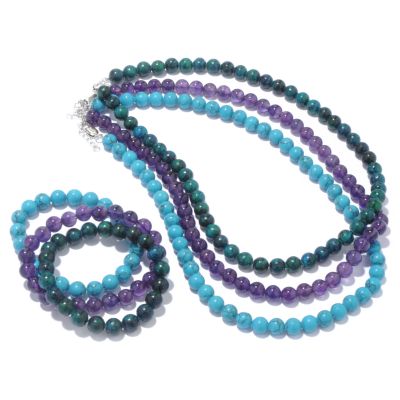 J320184 - Sterling Silver Six-Piece Beaded Necklace & Stretch Bracelet Set