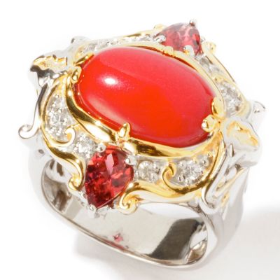 J320226 - Sterling Silver / Palladium / 18K Vermeil Red Jade Multi-Gem East/West Ring