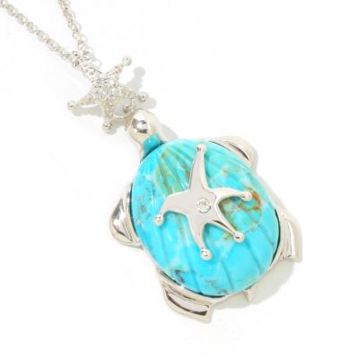 J320278 - Sterling Silver / Platinum Turquoise & White Zircon Turtle Pendant w/ Chain