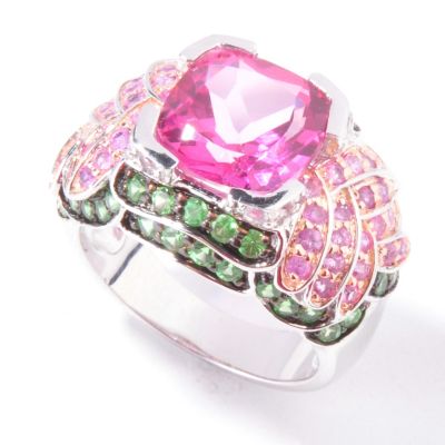 J320288 - Sterling Silver / Platinum Pink Quartz Multi-Gem Ring