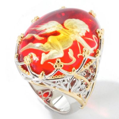 J320322 - Sterling Silver / Palladium / 18K Vermeil Cupid Amber Intaglio & Gem Ring