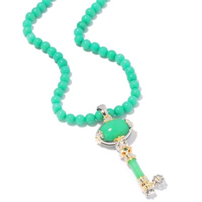 J320327 - Sterling Silver / Palladium / 18K Vermeil Color Jade & Gem Key Pendant