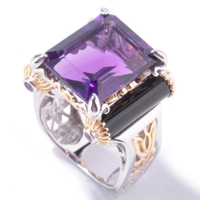 J320332 - Sterling Silver/Palladium / 18K Vermeil Amethyst, Onyx & Pink Sapphire Ring