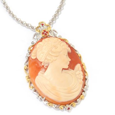  Sterling Silver / Palladium / 18K Vermeil Hand Carved Italian Shell Cameo & Orange Sapphire Pendant 