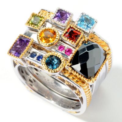 J320589 - Sterling Silver Hematite Multi-Gem Manhattan Stack Rings - Set of Four