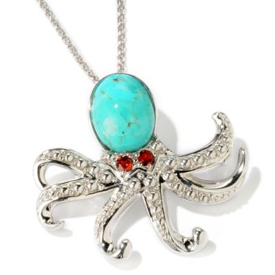 J320620 - Sterling Silver/Platinum Stabilized Turquoise & Garnet Sealife Pin/Pendant