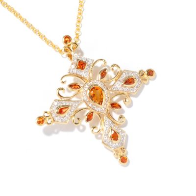 J320769 - Sterling Silver / 18K Vermeil Multi-Gem Cross Pendant w/ 18" Chain