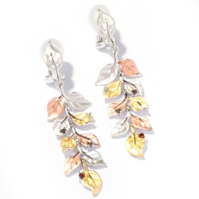 J320886 - 925 Fusion&trade; Garnet, Peridot & Quartz Satin Finished Leaf Chandelier Earrings