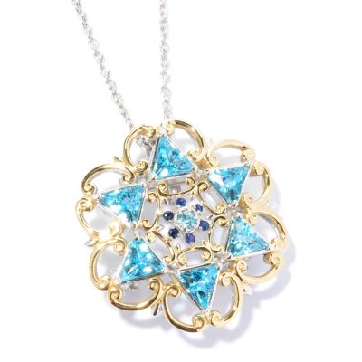 Gems en Vogue II 6.19ctw Trillion Cut Swiss Blue Topaz Star of David & Zircon Pendant / Pin w/ Chain