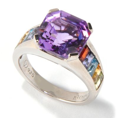 Sterling Silver / Platinum Amethyst & Baguette Cut Multi-Gem "Rainbow" Ring