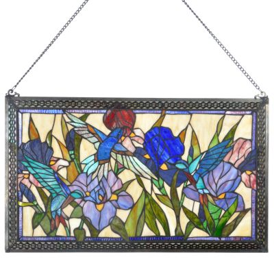 Framed Hummingbird Floral Stained Glass Window Panel