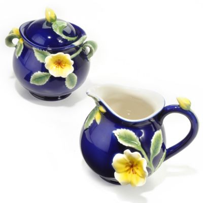 Manchu Rose Handmade Sculptured Porcelain Creamer & Sugar Bowl Set